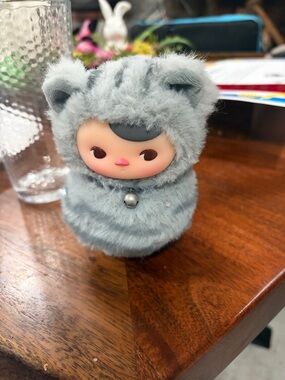 Gray Fuzzy Animal Doll with Pink Face and Bell